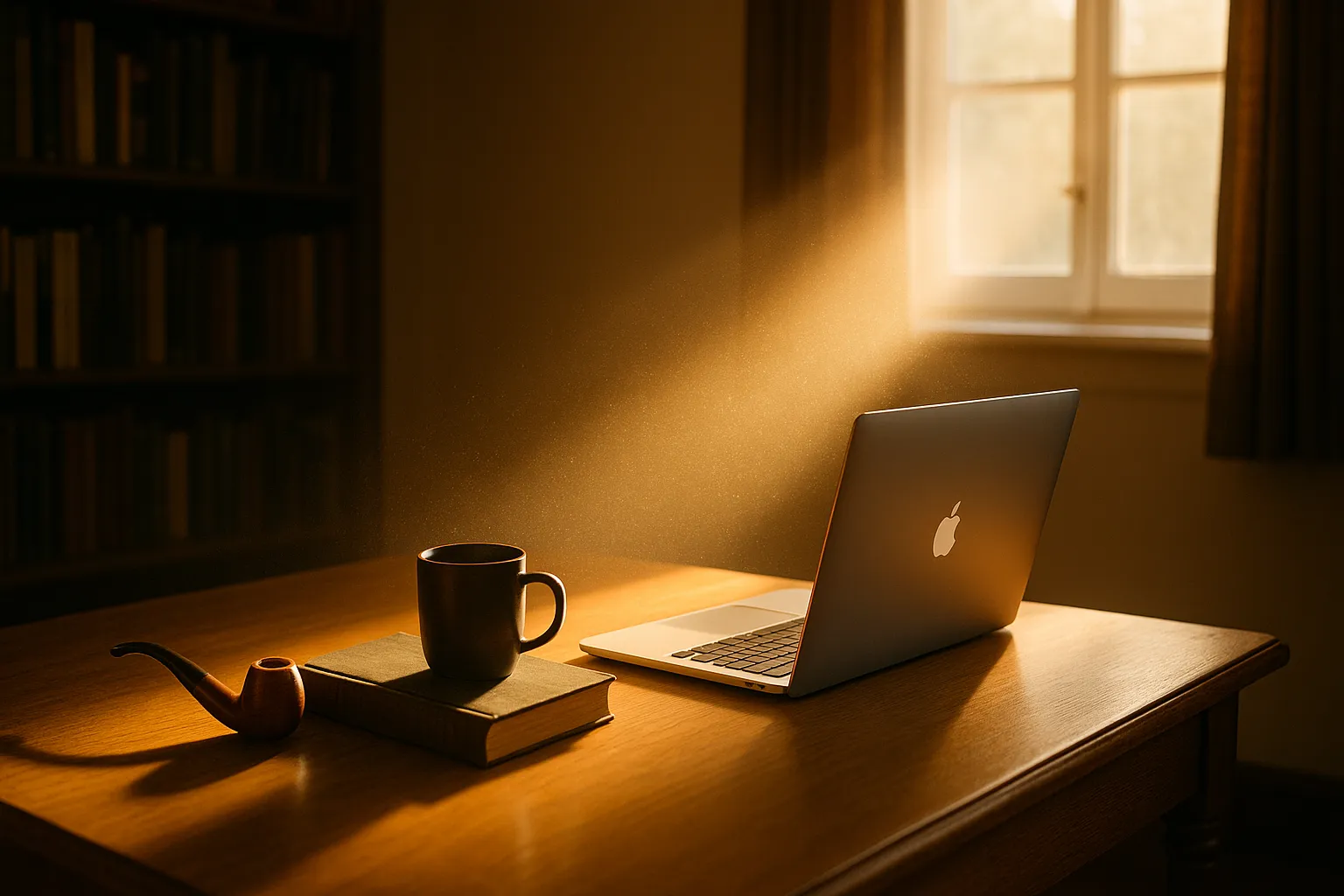 A warm study bathed in golden sunlight with a MacBook open on a wooden desk beside a briar pipe, a coffee mug, and a closed book. Dust particles glow softly in the light streaming through a nearby window, creating a calm and reflective atmosphere.